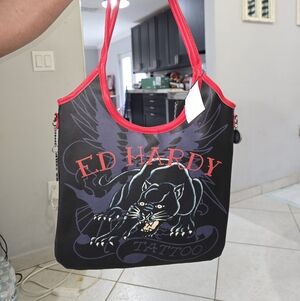 Ed Hardy Black and Red Tote with Panther Design